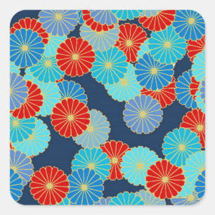 Art Deco flower pattern - blue, turquoise and red Square Sticker