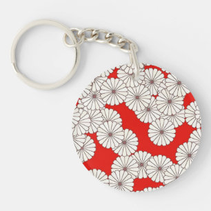 Art Deco flower pattern - cream on red Key Ring