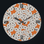 Art Deco flower pattern - cream on rust Large Clock<br><div class="desc">An Art Deco pattern based on a traditional,  stylised chrysanthemum pattern used in Japanese textiles,  in creamy white outlined in black with a rust orange background</div>