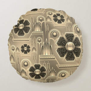 Art deco flower pattern floral geometric gold  round cushion