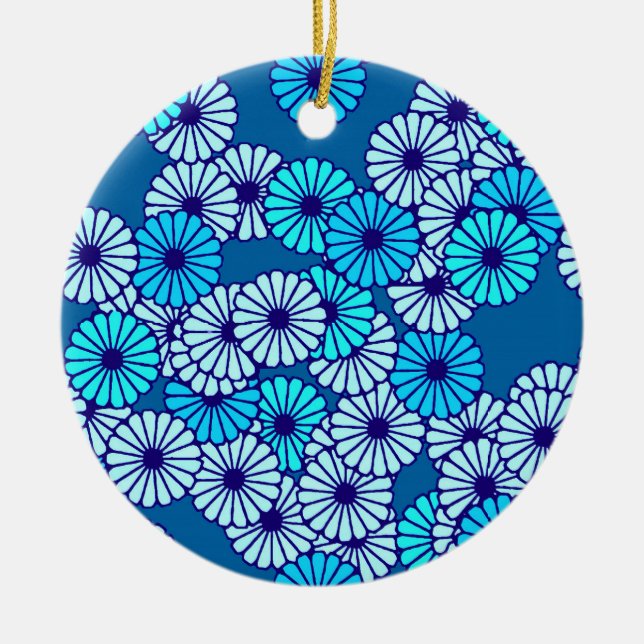 Art Deco flower pattern - shades of blue Ceramic Tree Decoration (Front)