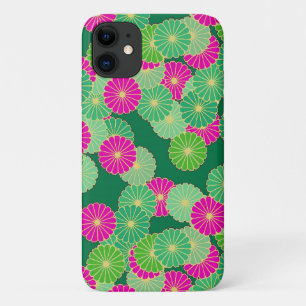 Art Deco flower pattern - shades of green, fuchsia iPhone 11 Case