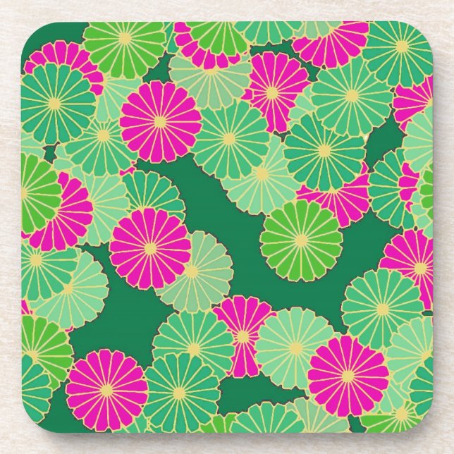 Art Deco flower pattern - shades of green, fuchsia Coaster (Front)