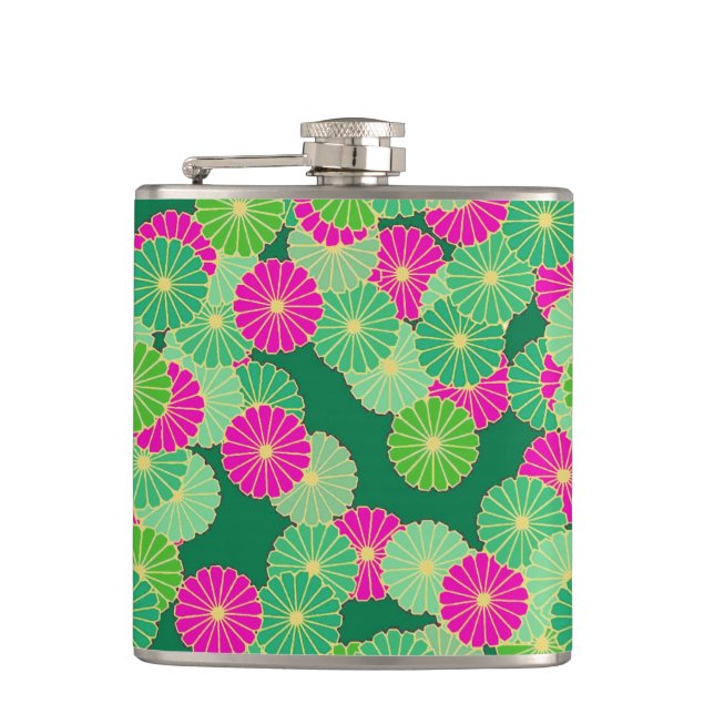 Art Deco flower pattern - shades of green, fuchsia Hip Flask (Front)