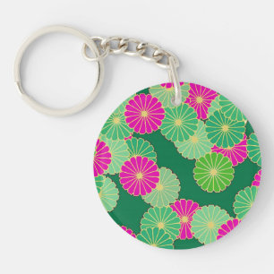 Art Deco flower pattern - shades of green, fuchsia Key Ring
