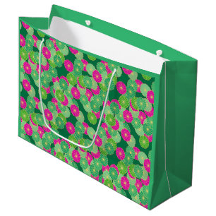 Art Deco flower pattern - shades of green, fuchsia Large Gift Bag