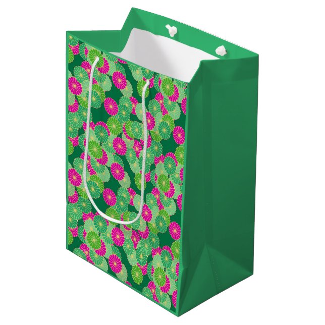 Art Deco flower pattern - shades of green, fuchsia Medium Gift Bag (Front Angled)
