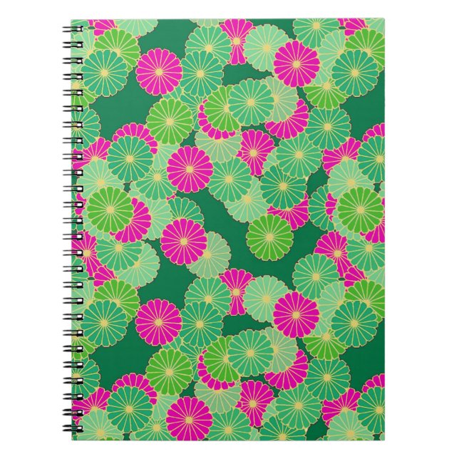 Art Deco flower pattern - shades of green, fuchsia Notebook (Front)