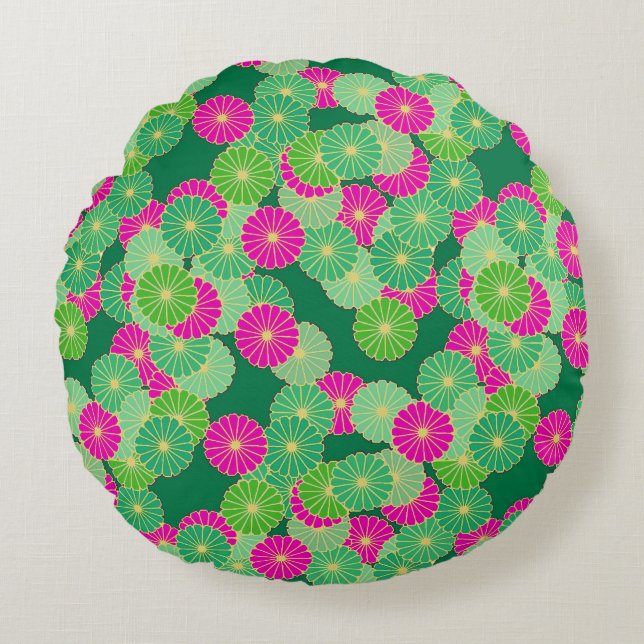 Art Deco flower pattern - shades of green, fuchsia Round Cushion (Front)