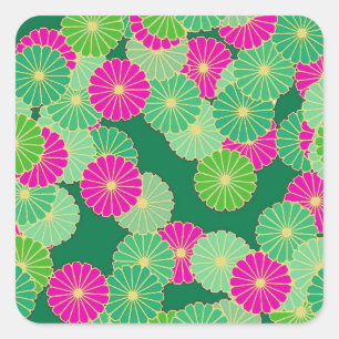 Art Deco flower pattern - shades of green, fuchsia Square Sticker
