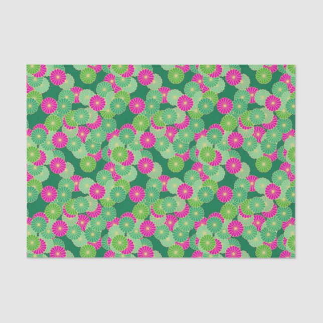 Art Deco flower pattern - shades of green, fuchsia Tissue Paper (Front)