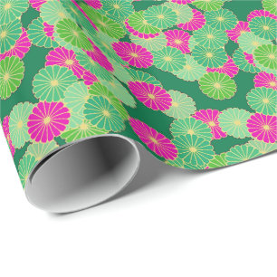 Art Deco flower pattern - shades of green, fuchsia Wrapping Paper