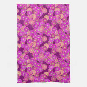 Art Deco flower pattern - shades of violet, coral Tea Towel
