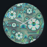 Art deco flower pattern vintage floral geometric large clock<br><div class="desc">Art deco floral vintage pattern with flowers and geometric metallic look 1920's design . In colours of turquoise,  green,  blue and white.</div>