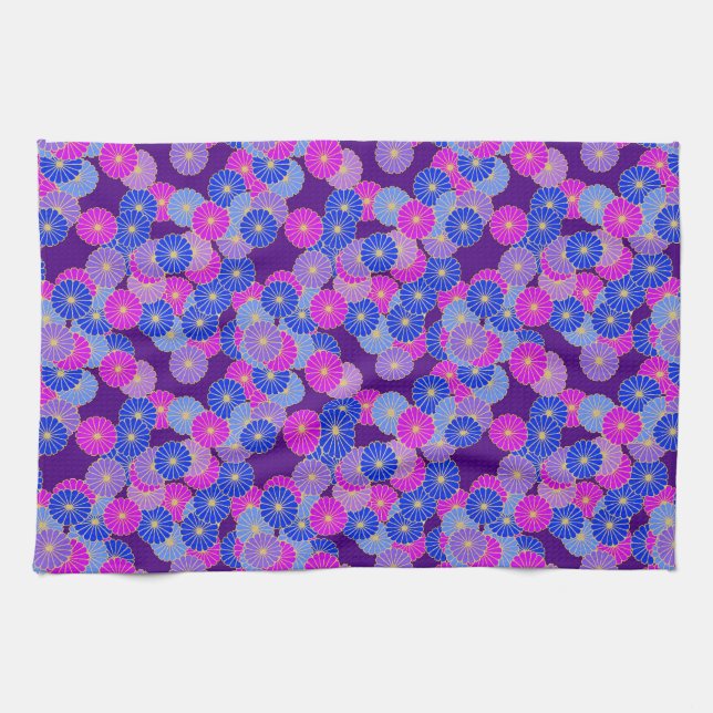 Art Deco flower pattern - violet, blue and purple Tea Towel (Horizontal)