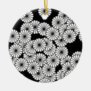 Art Deco flower pattern - white on black Ceramic Tree Decoration