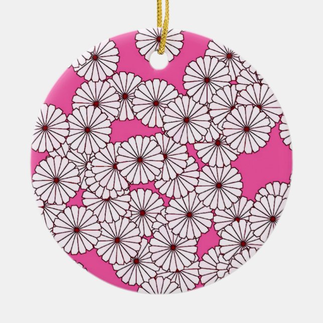 Art Deco flower pattern - white on deep pink Ceramic Tree Decoration (Front)