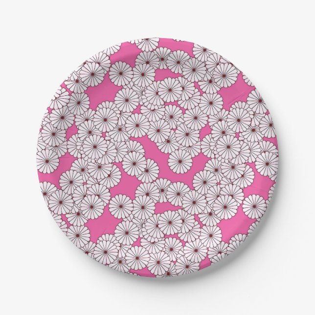 Art Deco flower pattern - white on pink Paper Plate (Front)