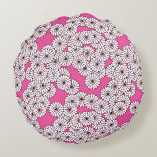 Art Deco flower pattern - white on pink Round Cushion
