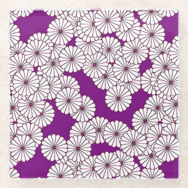 Art Deco flower pattern - white on purple Glass Coaster (Front)