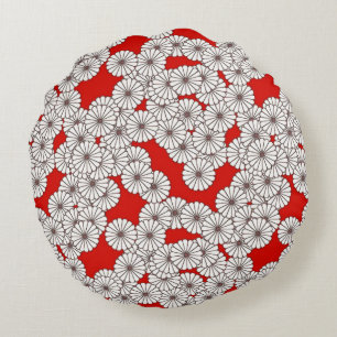Art Deco flower pattern - white on red Round Cushion