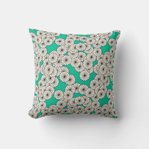 Art Deco flower pattern - white on turquoise Cushion