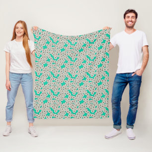 Art Deco flower pattern - white on turquoise Fleece Blanket