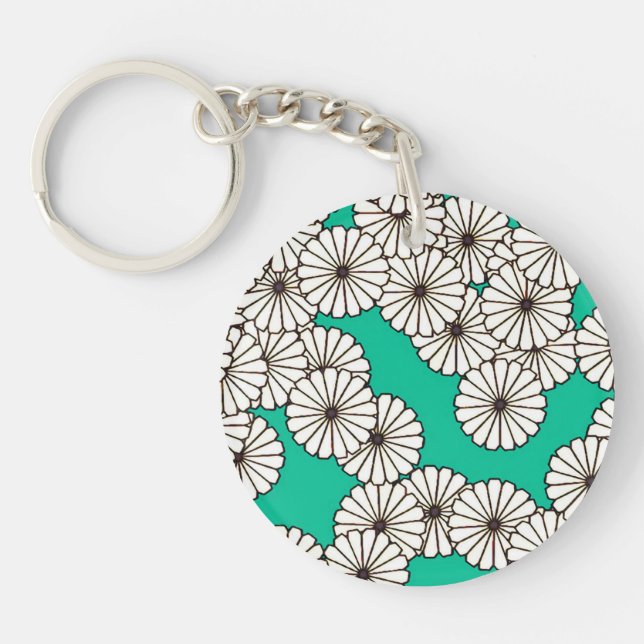 Art Deco flower pattern - white on turquoise Key Ring (Front)