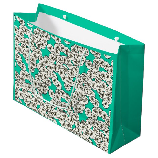 Art Deco flower pattern - white on turquoise Large Gift Bag (Front Angled)