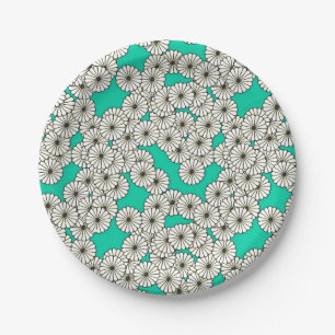 Art Deco flower pattern - white on turquoise Paper Plate