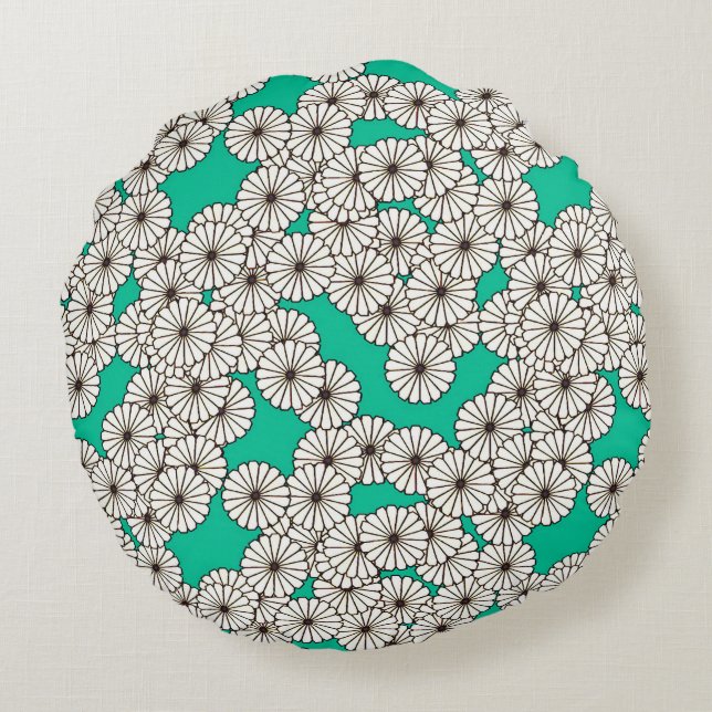 Art Deco flower pattern - white on turquoise Round Cushion (Back)
