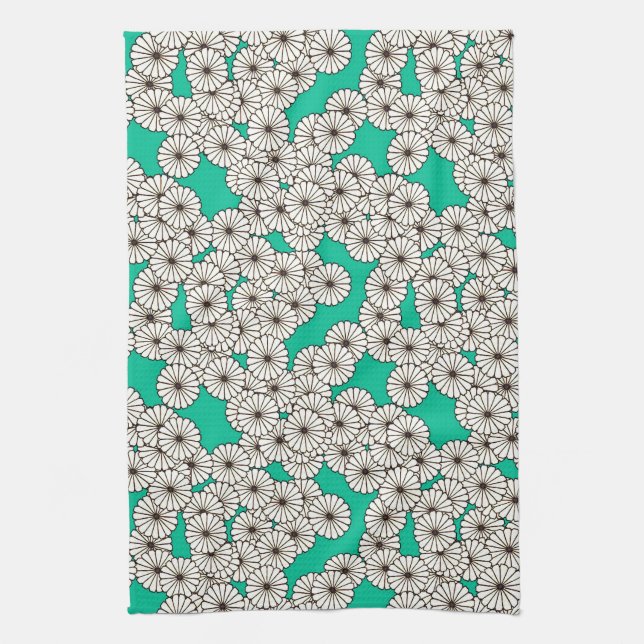 Art Deco flower pattern - white on turquoise Tea Towel (Vertical)
