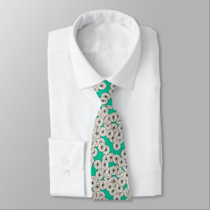 Art Deco flower pattern - white on turquoise Tie
