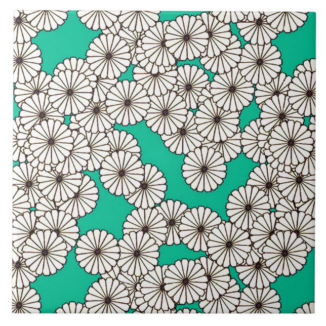 Art Deco flower pattern - white on turquoise Tile (Front)
