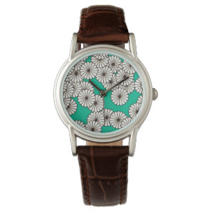 Art Deco flower pattern - white on turquoise Watch