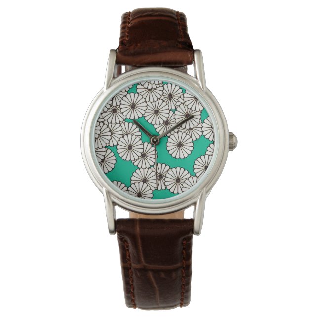 Art Deco flower pattern - white on turquoise Watch (Front)