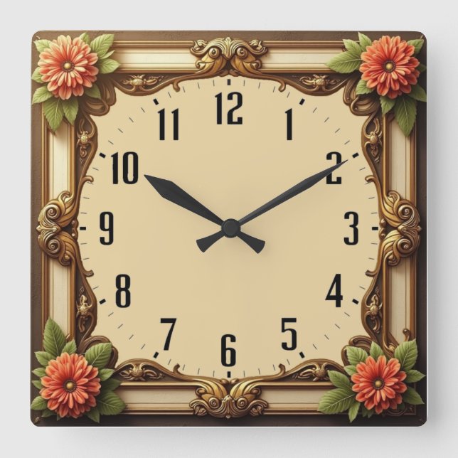 Art Deco Flower Square Wall Clock (Front)