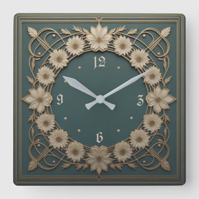 Art Deco flower Square Wall Clock (Front)