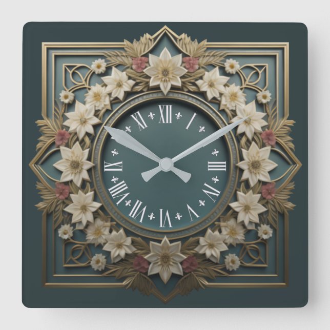 Art Deco flower Square Wall Clock (Front)