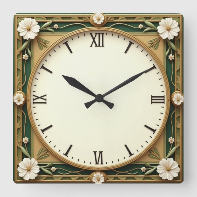 Art Deco Flower Square Wall Clock (Front)
