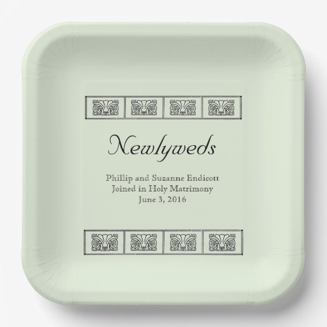 Art Deco Flowers Border Wedding Keepsake Paper Plate (Front)