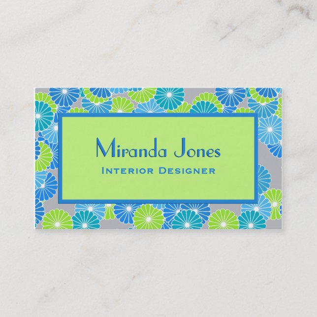 Art Deco Flowers - Cerulean Blue and Lime Green Business Card (Front)