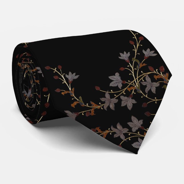 Art Deco Flowers On Black Tie (Rolled)