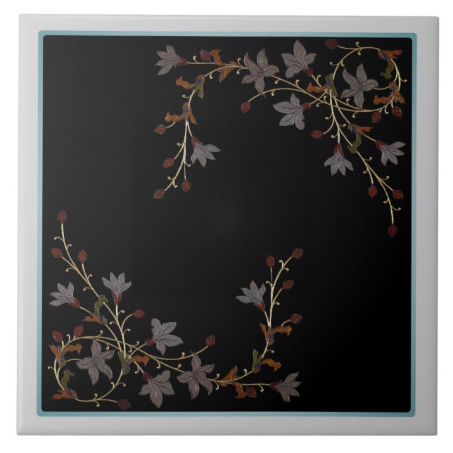 Art Deco Flowers On Black Tile (Front)