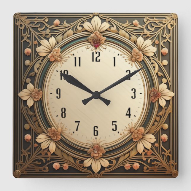 Art Deco Flowers Square Wall Clock (Front)