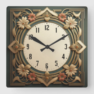 Art Deco Flowers Square Wall Clock