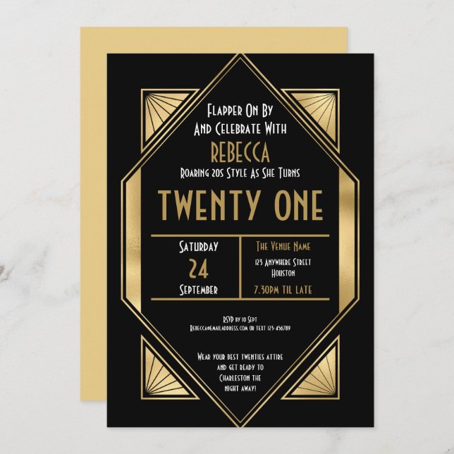 Art Deco Frame 21st Birthday Gold Black Invitation (Front/Back)