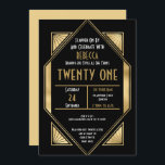 Art Deco Frame 21st Birthday Gold Black Invitation<br><div class="desc">Glamourous style to invite your guests to a roaring 1920s evening with this elegant gold and black Art Deco style invitation for your 21st birthday party. On the front, the typography is within a twenties style frame and you can easily personalise the typography with your details. The back is in...</div>