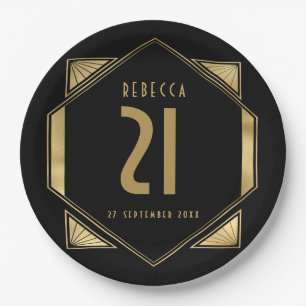 Art Deco Frame 21st Birthday Name Date Paper Plate