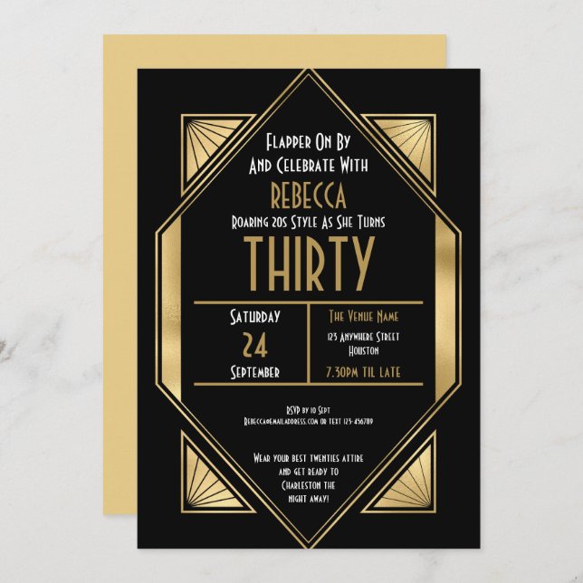Art Deco Frame 30th Birthday Gold Black Invitation (Front/Back)